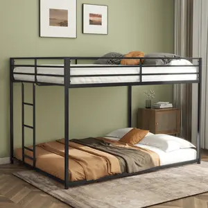 Low Bunk Beds Full Over Full, Floor Bunk Bed with Ladder & High Guardrail, Metal Bunk Bed Frame, Easy Climbing (Black, Full Over Full)