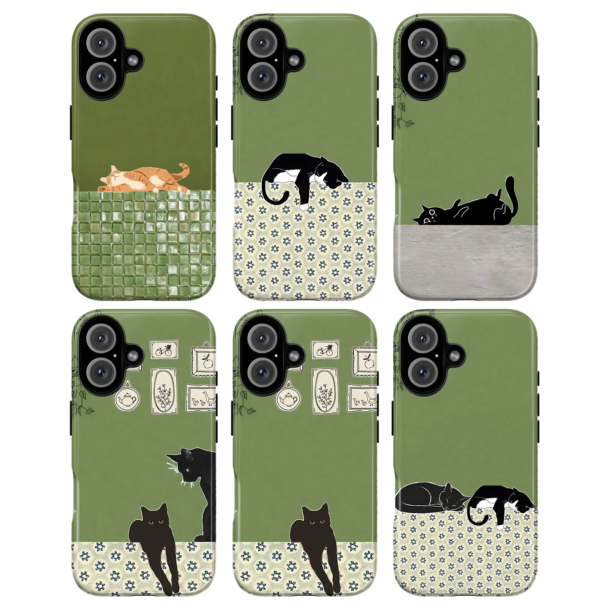 Cute Aesthetic Cat Phone Case – Sage Green Minimalist Phone Cover for iPhone 11–17 & Galaxy S21–S26, Tuxedo Cat & Orange Tabby Kitten Design, Floral Pattern, Funny Black Cat Tough Case,  Funny Black Cat Gift for Animal Lovers