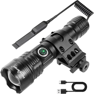 Tactical Flashlight Type-C USB Rechargeable 6000 lumens Zoomable LED Waterproof flashlights with Pressure Switch Picatinny Rial Light