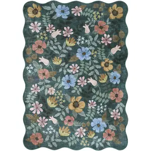 Lavable Floral Scalloped Rug in Deep Green, Machine Washable