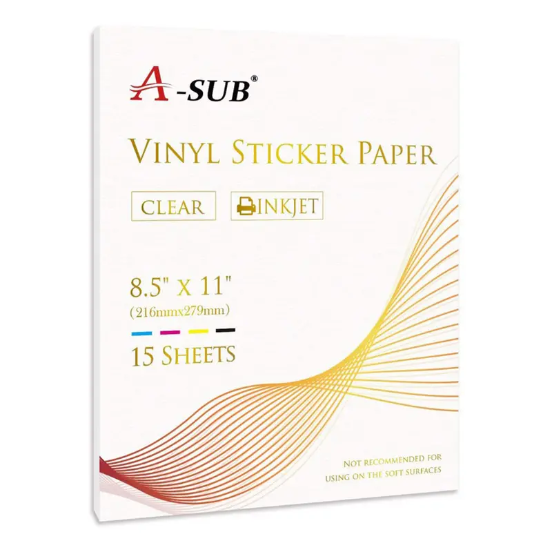 A-SUB Clear Sticker Paper for Inkjet Printers - Waterproof Transparent Printable Vinyl Sticker Paper - 15 Sheets 8.5x11 Inch Glossy Clear Label Paper Art Sketchbooks Binders Notebooks