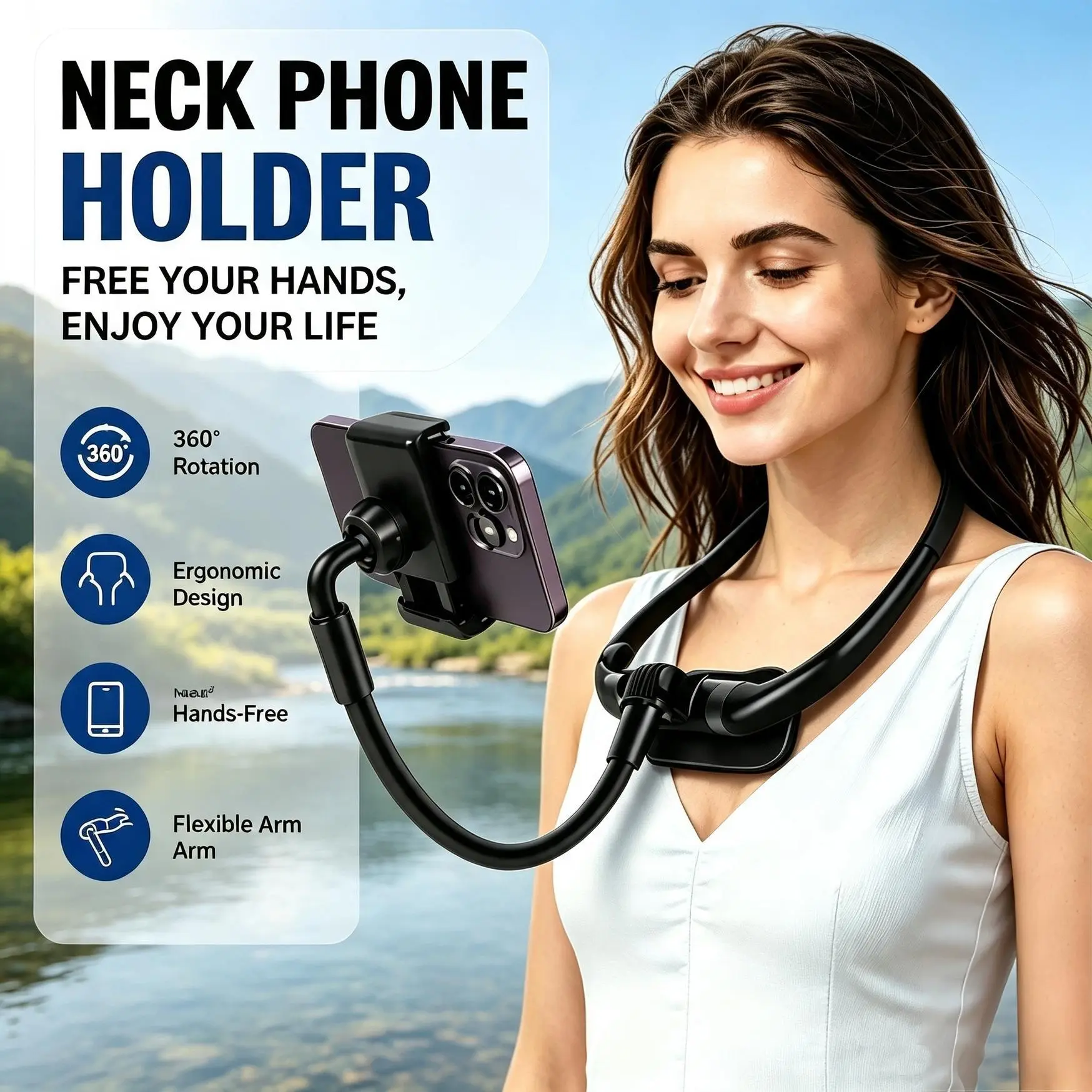 Universal Smartphone Neck Holder, Soft Skin‑Friendly Silicone Wearing Frame with Magnetic‑Connection Neck Ring, Flexible Gooseneck Stand for Hands‑Free Video‑Calls and Filming