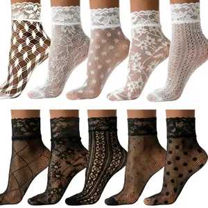 Women's10 Pairs Black and White Patterned Lace Anklet Socks, Elegant Lace Design with Ruffled Trim,  Detail for Comfort & Style, Womenswear Everyday, Feminine Stretchy Secure Fit Basic,  Minimalist Party Outfit Elegance