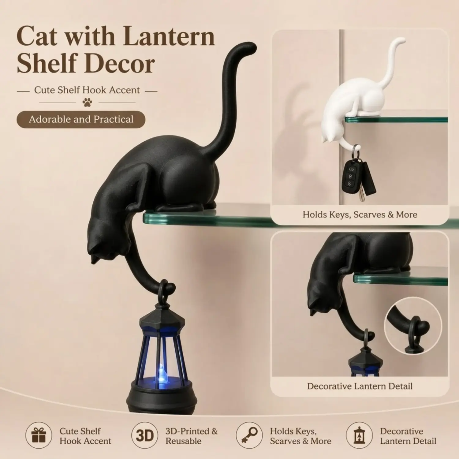 3D Printed Plastic Cat Shelf Sitter Figurine - Glowing LED Lamp Lantern, Cute Tail Hook Key Holder, Aesthetic Home Decor Gift Ideas for Cat Lovers (for Bookshelf, Entryway)