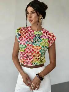 Geometric Pattern Colorblock Print Round Neck Fitted Sweater, Casual Sleeveless Short Knitwear for Spring Summer Fall, Comfortable Warm Women's Clothing