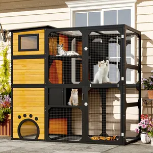 Aobtkel®GO Large Cat Catio 4 Tiers Cat Enclosure for Outdoor, Cat House Weatherproof Attached to Window for Multiple Cats with Platforms and Resting Rooms, Brown#Summervibes