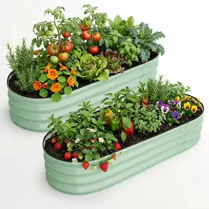 GAOMON 2-Packs-Oval Galvanized Raised Garden Beds, 4.5x2x1.5Ft Metal Planter Boxes with Open-Ended Base for for Gardening, Vegetables and Flowers, Olive Green