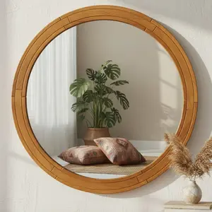 ZIYOO 30 Inch Wood Round Wall Mirror | Farmhouse Circle Hanging Mirror | Vintage Boho Wooden Frame Wall Decor for Bathroom, Bedroom, Entryway, Living Room | Home Decor Accent Mirror
