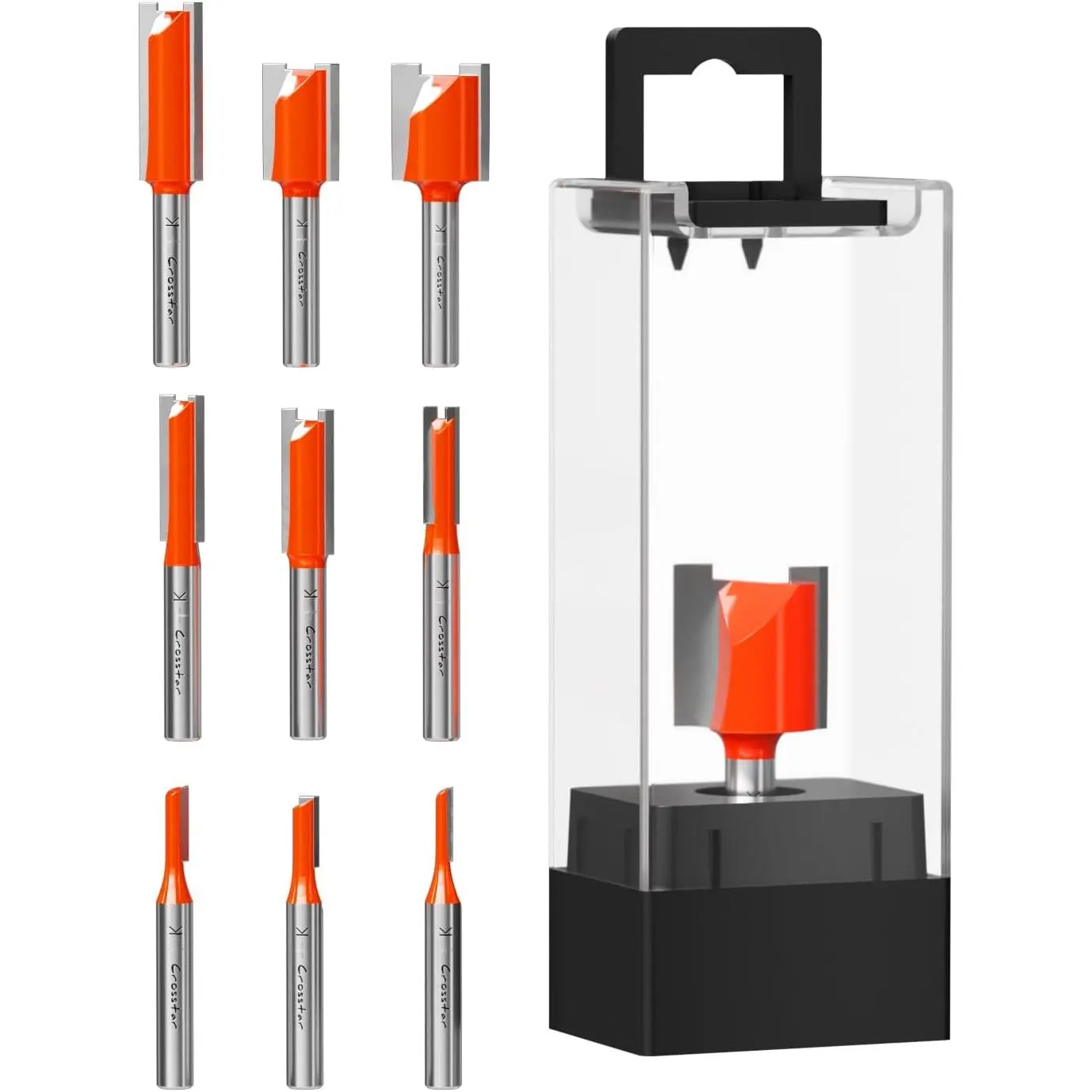 Crosstar 9-Piece Carbide Straight Router Bits Set - 1/4" Clamp Shank, Anti-Vibration, Heat-Treated, Polished, Double Flute, for DIY Users, Wood Surface Groove Cut, 9 Inches Sizes (1/8"-3/4" Cutting Diameters) for Woodworking & CNC Machines