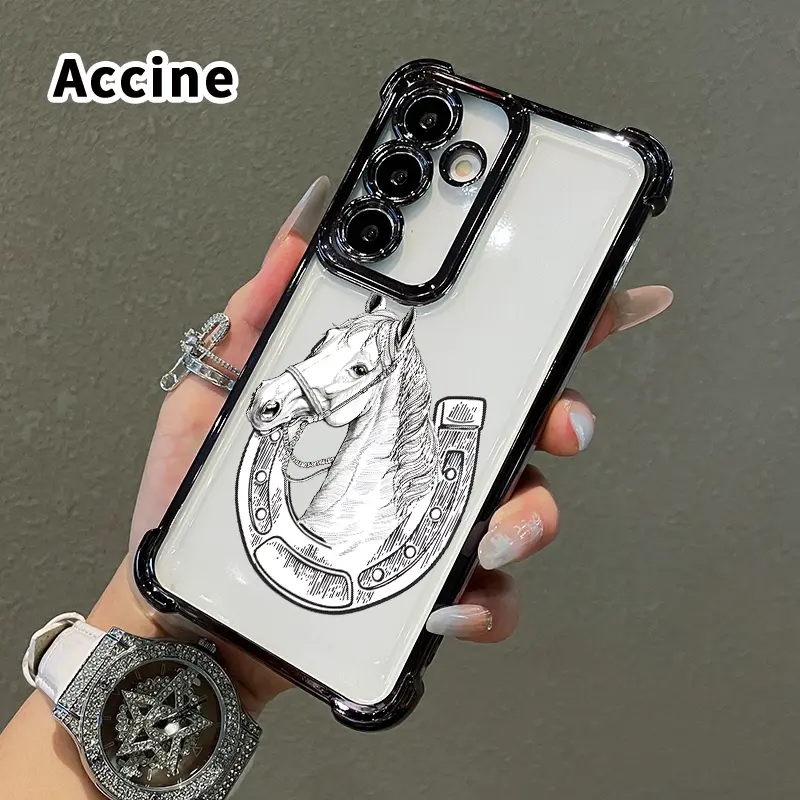 Horse in Horseshoe Pattern Mobile Phone Case Compatible with Samsung Galaxy S23 Ultra S24 Plus S25 S22+ FE Edge Four Corner Anti-drop Shockproof Non-slip Silicone Transparent Protective Cover