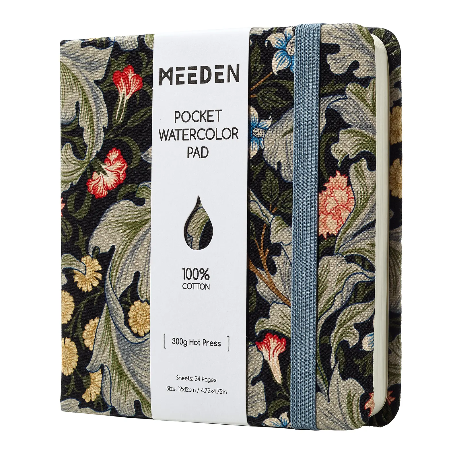 MEEDEN 100% Cotton Watercolor Journal: Travel Watercolor Sketchbook with 24 Sheets Hot-pressed Watercolor Paper - Portable 4.7"x4.7" Square Water Color Book for Adults Art Painting, Available in 8 Floral Fabric Designs