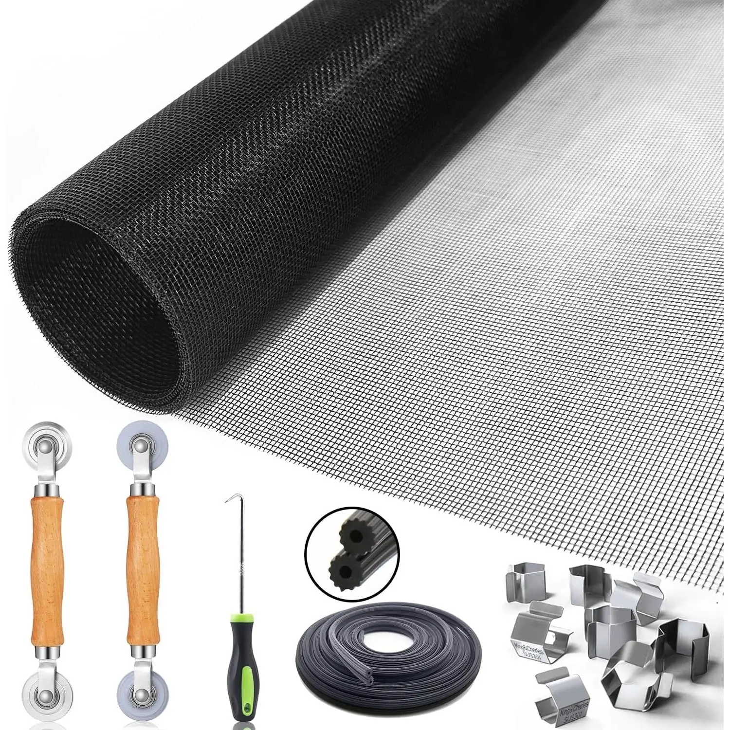 Window Screen Door Repair/Replacement Kit,  Include Black Screen Mesh 48"x118"+ 2 Roller+50Ft Spline+8Clips+Hook, 6 in 1 Window Mesh Kit, Steel/Nylon Bearing Roller, Storm Door, Porch Screen