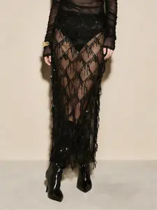 New Arrival! Women's Chic Tassel Sequin Midi Skirt with Side Slit | Versatile for Home, Work, Leisure, Parties & Dates