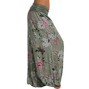 Women’s loose casual harem pants with floral print, suitable for holidays and yoga; cotton fit trousers; women’s bottoms