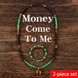 Arpurraina Feng Shui Money Attraction Necklace & Bracelet Set – Green Aventurine & Tiger Eye Pendant Healing Crystal Stone, Abundance Crystal Bracelet, Long Chain Sweater Chain, Jewelry Charms for Anniversary Vacation Theme Parties, Gift for Men Women