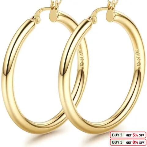 BESTEEL Women's 14K Gold Plated Chunky Jumbo Style Statement Earrings - 925 Sterling Silver Post, 4mm Thick Hollow Tube, Hypoallergenic Lightweight, 25/30/40/50/60/70MM, Sleek & Smooth Finish, Earrings Jewelry for Adult Female Accessories