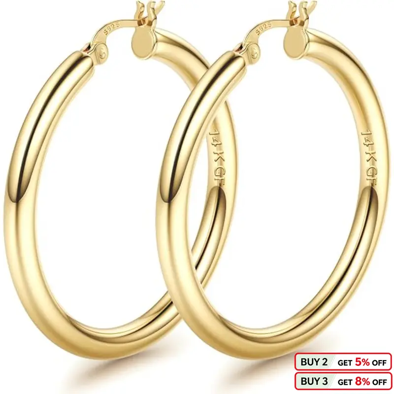 BESTEEL Women's 14K Gold Plated Chunky Jumbo Style Statement Earrings - 925 Sterling Silver Post, 4mm Thick Hollow Tube, Hypoallergenic Lightweight, 25/30/40/50/60/70MM, Sleek & Smooth Finish, Earrings Jewelry for Adult Female Accessories