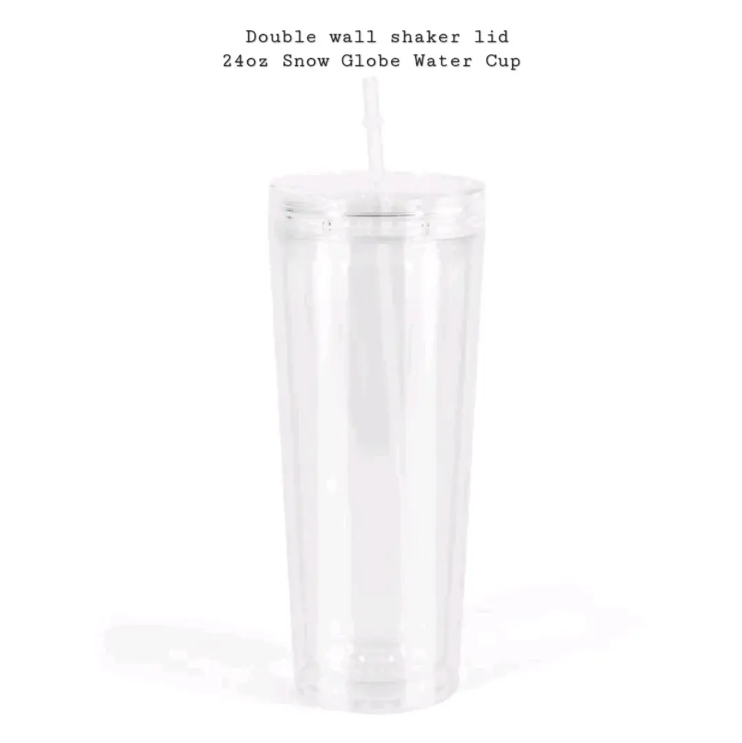 Snow Globe Water Bottle Cup with Double Wall Shaker Lid - 24oz - Tumbler, Drinkware Plastic Washable Portable Reusable Straw Mug