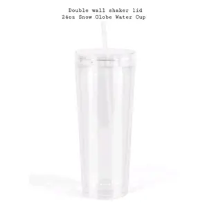 Snow Globe Water Bottle Cup with Double Wall Shaker Lid - 24oz - Tumbler, Drinkware Plastic Washable Portable Reusable Straw Mug