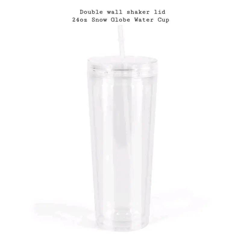 Snow Globe Water Bottle Cup with Double Wall Shaker Lid - 24oz - Tumbler, Drinkware Plastic Washable Portable Reusable Straw Mug