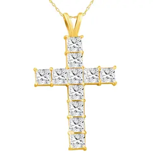 5.80Ct Princess Cut Diamond Cross Pendant 14k Gold Necklace Lab Grown 1 1/2"