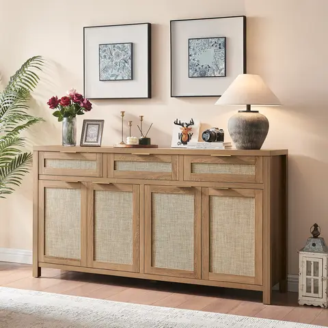 PieDle Furniture Rattan Sideboard Buffet Cabinet, Boho Storage Cabinet with Adjustable Shelves, Farmhouse Credenza Coffee Bar Cabinets with 4 Doors & 3 Drawers for Living Room, Hallway & Kitchen