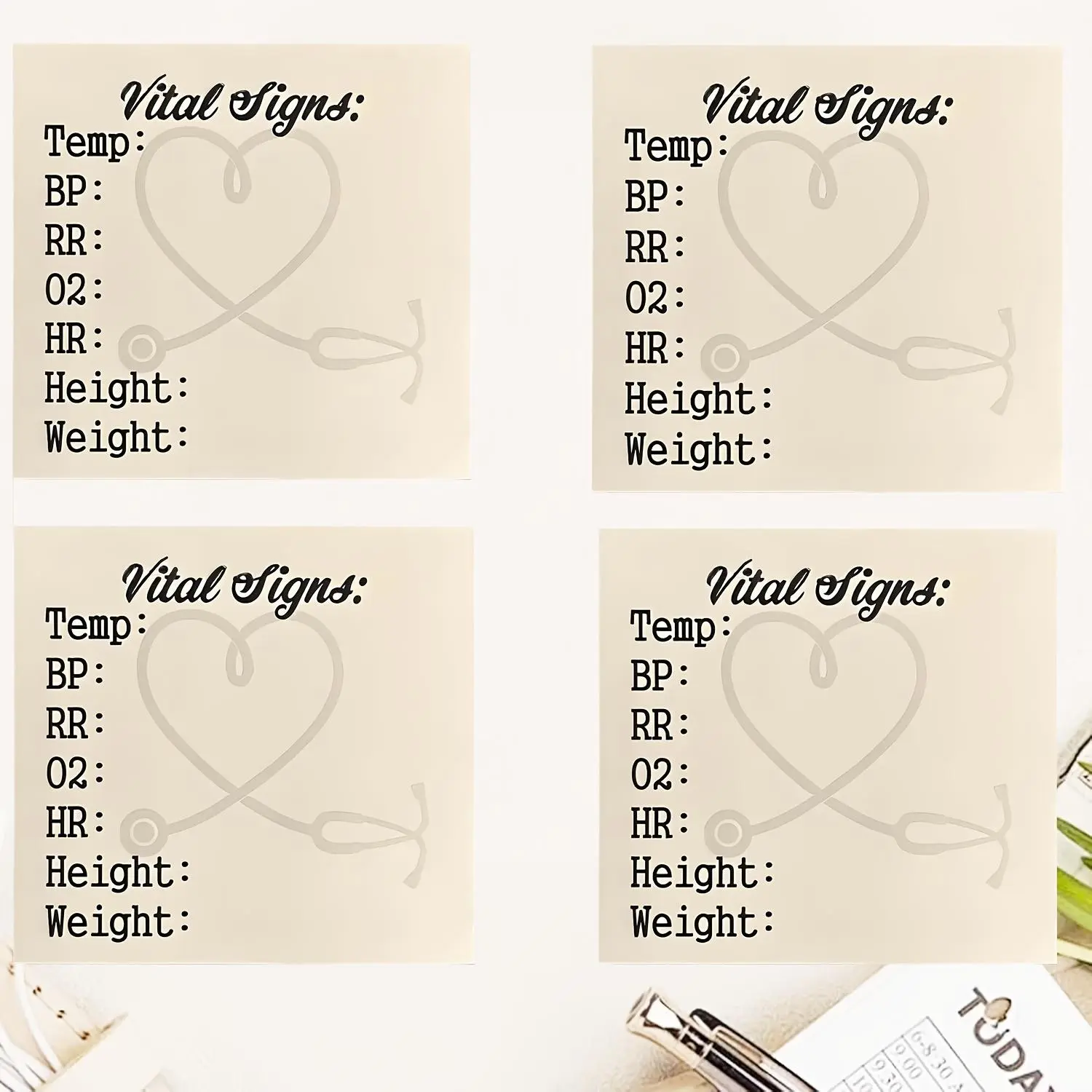4 Pcs Nurse Sticky Notes for Vital Signs, Daily Patient Health Checklist Pad, Memo Pads, Pocket Size Notepad for Hr Bp Oxygen Level Recording, Portable, Sticky Labels