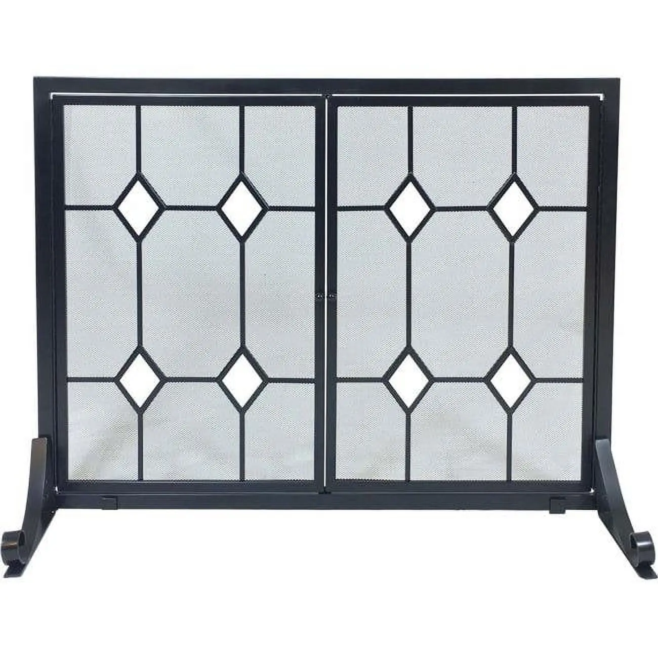 Black Glass Diamond Design Wrought Iron (Steel Frame) Panel Fireplace Screen with Doors - Home Decor, 44x33.25 in, 27 lbs Spark Guard, Enhances Fireplace Space, Easy Access via Opening, Spark Protection