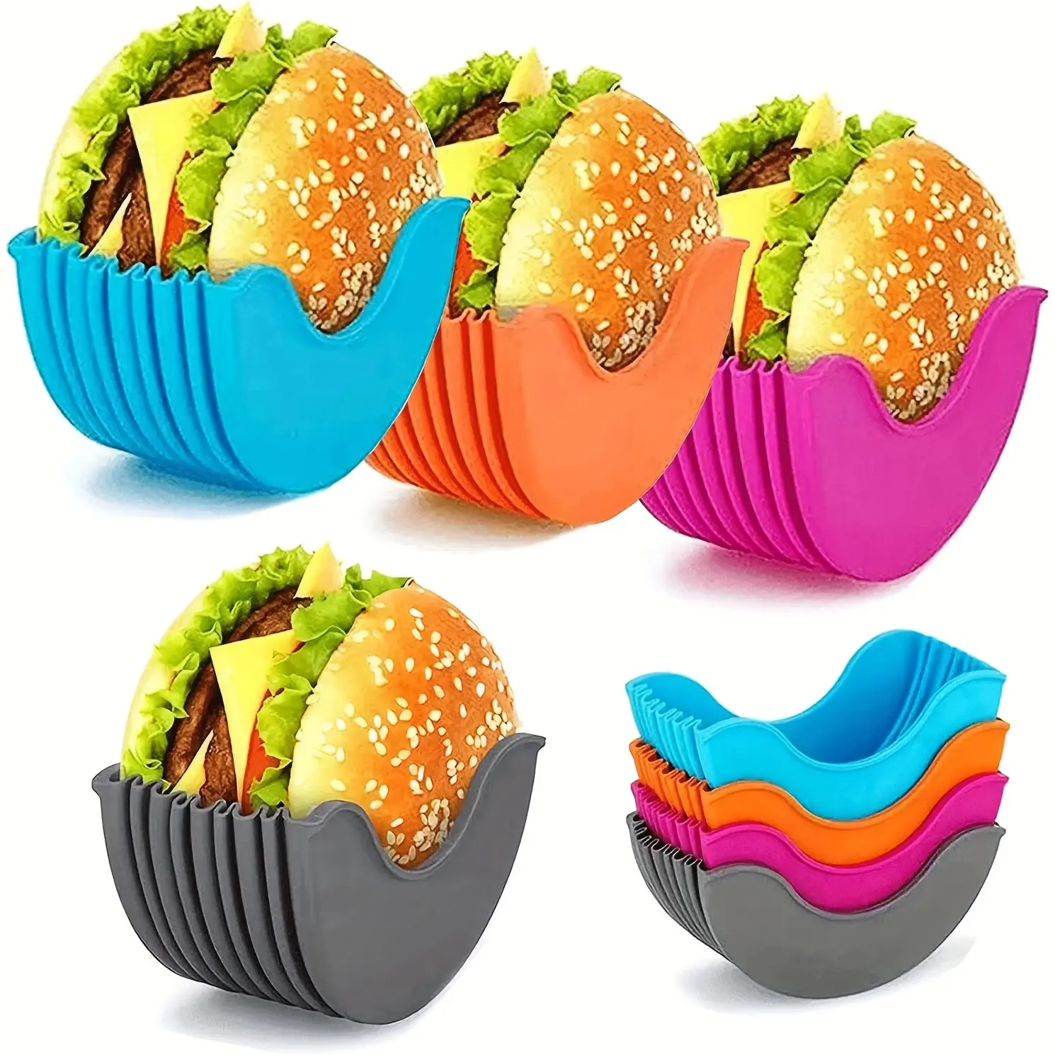 4PCS Reusable Silicone Hamburger Racks - Effortlessly Expand for Perfectly Organized Burgers! Kitchen Storage Genius for Delicious, Mess-Free Cooking