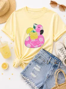 Pink Flamingo Drink Float Summer Sequin Patch Tshirt