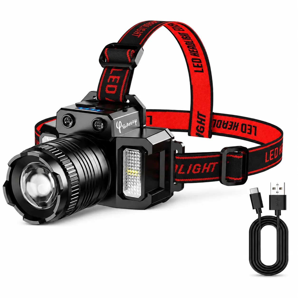 1set Rechargeable LED Headlamps – Super Bright Sports Headlights with 5 Modes, including Red/White/Blue Light, Adult Head-Mounted Flashlights for Camping, Running, Hiking, Fishing