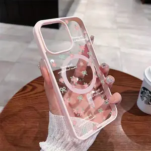 Flower bow pattern Magnetic Case for iPhone 17 Pro Max Air 16 16e 15 14 Plus 13 12 11 X XS Transparent Acrylic Scratch-resistant skin-friendly feel Smartphone Cover Gift