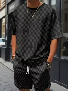 Men's Summer Outdoor Quick-Dry Short Sleeve T-Shirt + Shorts Set, Deep Light Patchwork 3D Print Vintage Style, Menswear