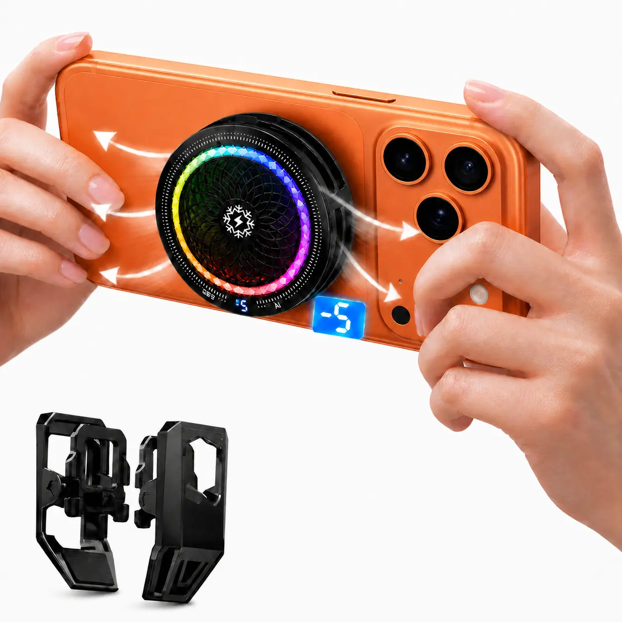 Magnetic Phone Cooler for Gaming, Semiconductor Cooling Fan with 3 Adjustable Speeds and Smart AI Temperature Control, RGB Light, Magnetic and Clip-On Attachment, USB-C Powered