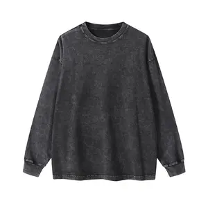 Inflation 100% Cotton 275g Oversize Fit Washed Streetwear Long Sleeve T-Shirt Autumn New American Vintage Washed Cotton Tee Short Menswear Top Tshirt Round Neck Crewneck Casual Bestie Operator Beige Plain Oversized