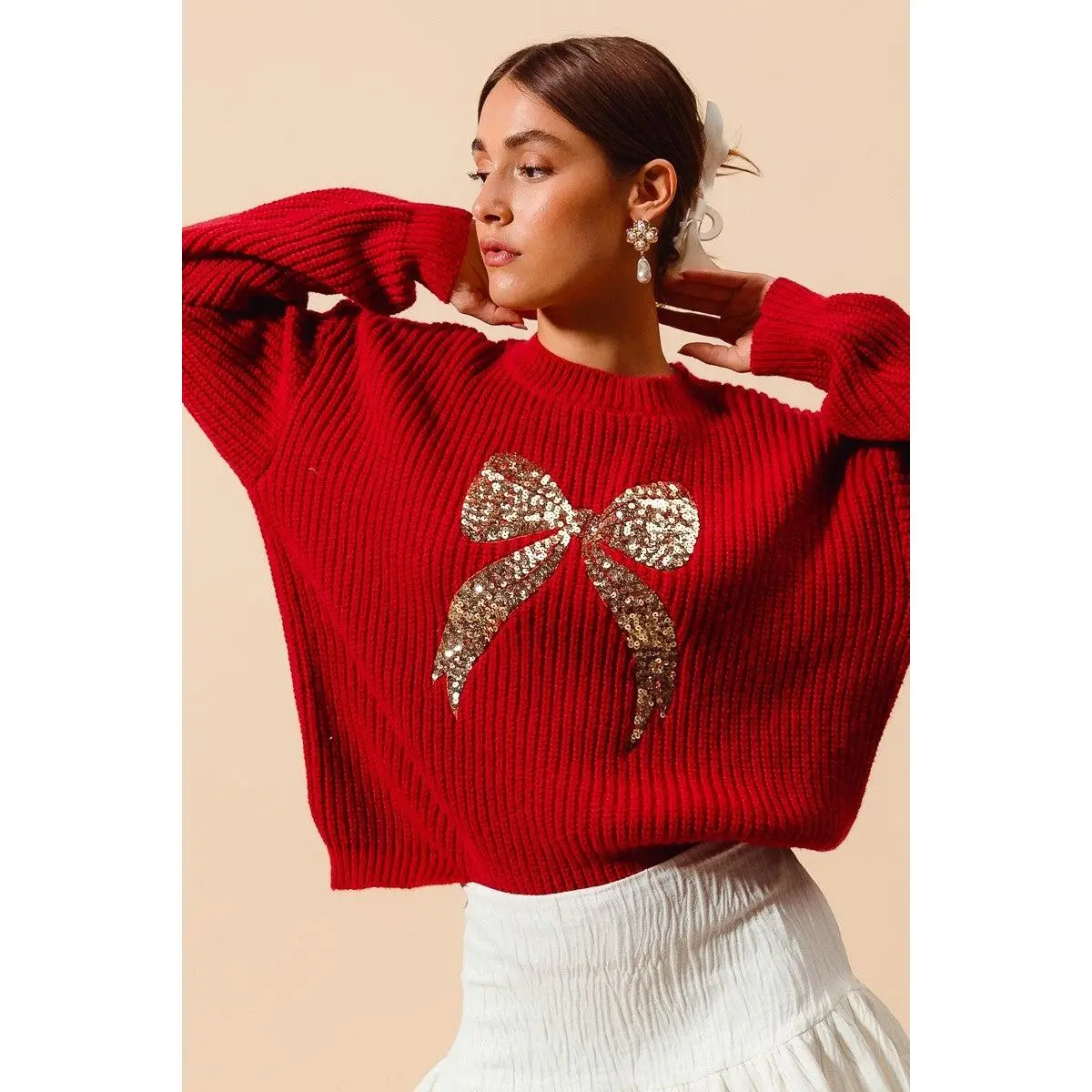 Ribbon Sequins Christmas Sweater Top - Red/Gold