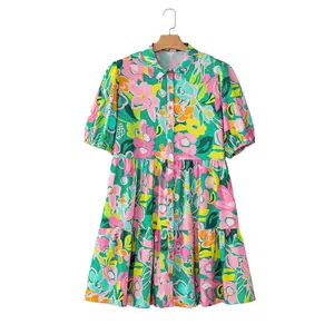 Women's 100% Polyester Green Floral Print Collared Babydoll Short Sleeve Dress - Puff Sleeves, Buttoned, Elegant Casual, Spring Summer Outdoor Wear