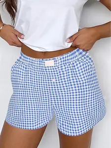 Women's Gingham High Waisted Boxer Shorts - Comfy Plaid Elastic Waist Lounge Shorts