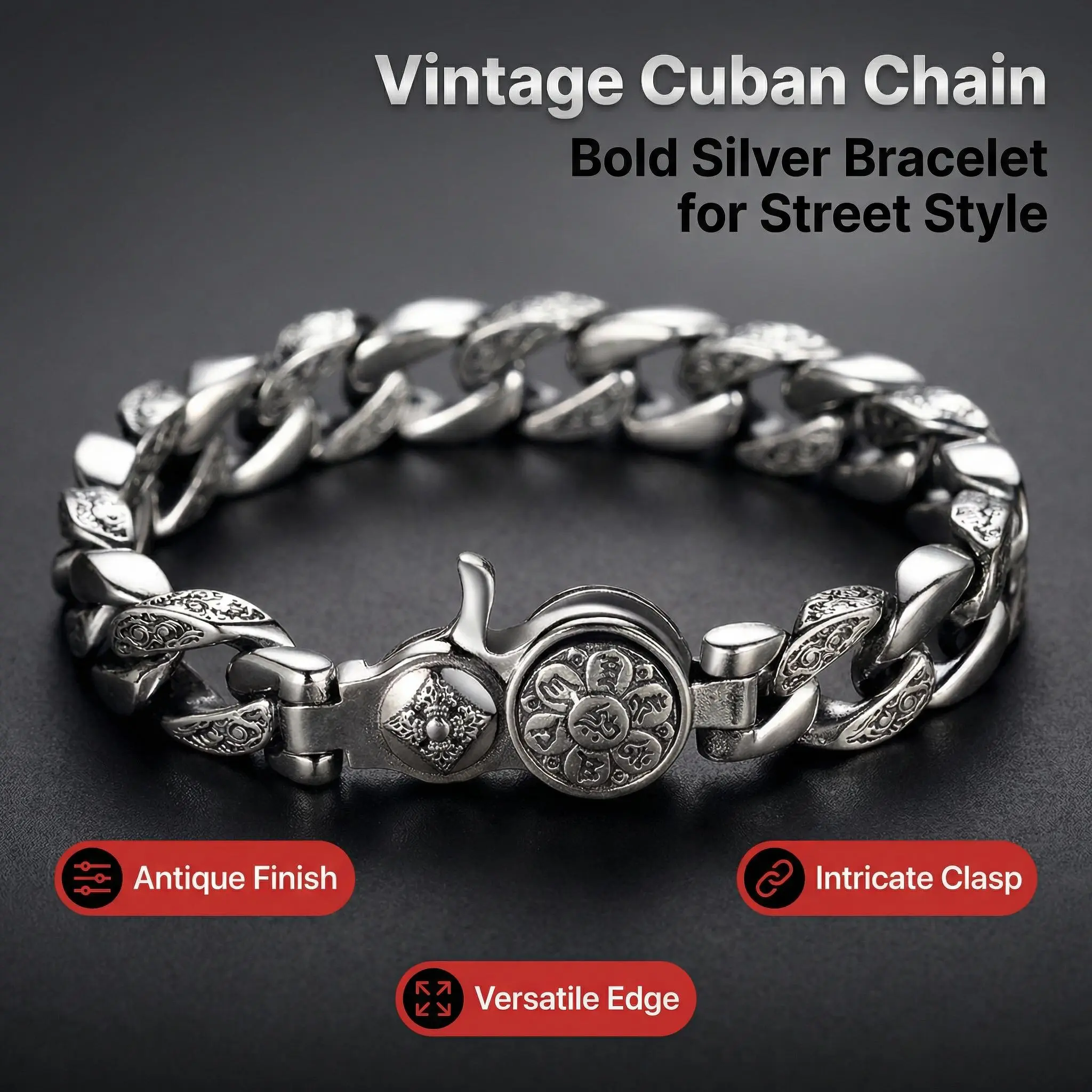 Antique Twist Rope Cuban Link Chain Bracelet for Men, 8.66 Inch Stainless Steel with Carved Sanskrit, Secure Clasp for Daily Wear