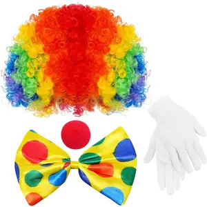 jiebor Clown Costume Set Clown Rainbow Wig Nose Bow Tie White Gloves Accessories for Parties Carnivals Pretend Play Women Men Adults