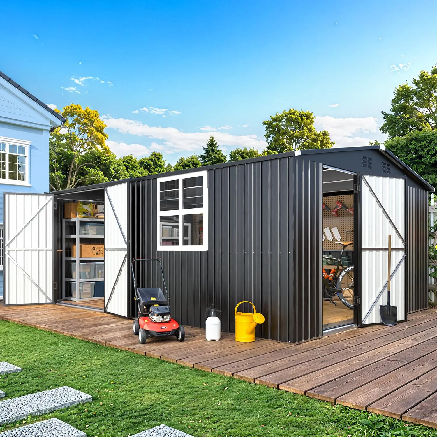 【3 Packages arrived at different times】AECOJOY 16' x 12' Outdoor Storage Shed with Windows, Large Metal Sheds & Outdoor Storage 12x16 with Windows,Lockable Door Steel Backyard Shed, Utility Tool Storage for Garden, Patio, Outside use in Dark Grey