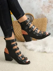 Women's Multi-Buckle Roman Sandals, Fashion Open-Toe High Heels, 6cm Thick Sole, Vintage Design, Breathable Comfort, Summer Street Style