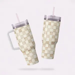 Mackenzie Childs Mocha Check Rambler 40 oz Tumbler with Handle and Straw Lid, Travel Mug Water Tumbler, Vacuum Insulated Cup with Handle, Stainless Steel