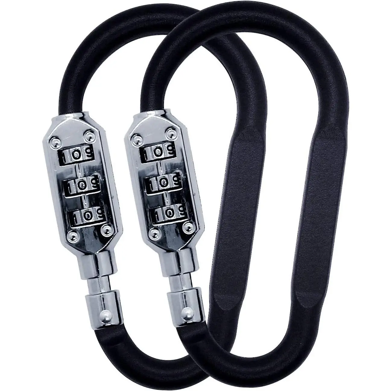 2-Pack D-Shaped Large Black Combination Carabiner Clips - 3-Dial Resettable Lock Keychain for Suitcase Luggage, Sports & Outdoors