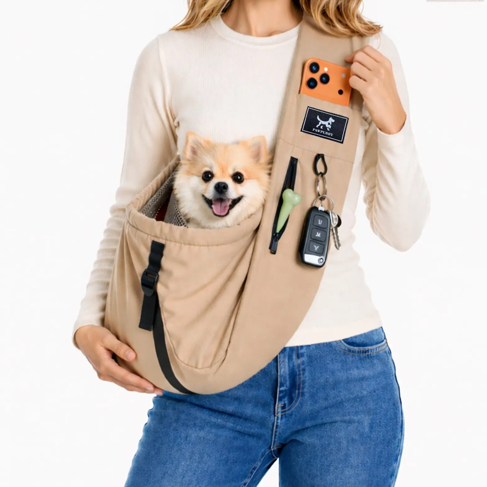 PAWPUBBY Pet Sling Carrier for Small Dogs & Cats (5-20lbs) - Adjustable Depth, Breathable Air Mesh Puppy Travel Bag, Water Resistant Solid Fabric, Double Safety Leash, Buckle, Drawstring, Spring, Machine Washable, Caramel