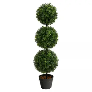 3' Indoor/Outdoor Boxwood Triple Ball Topiary Artificial Tree - Nearly Natural: Faux Foliage, No Assembly Required