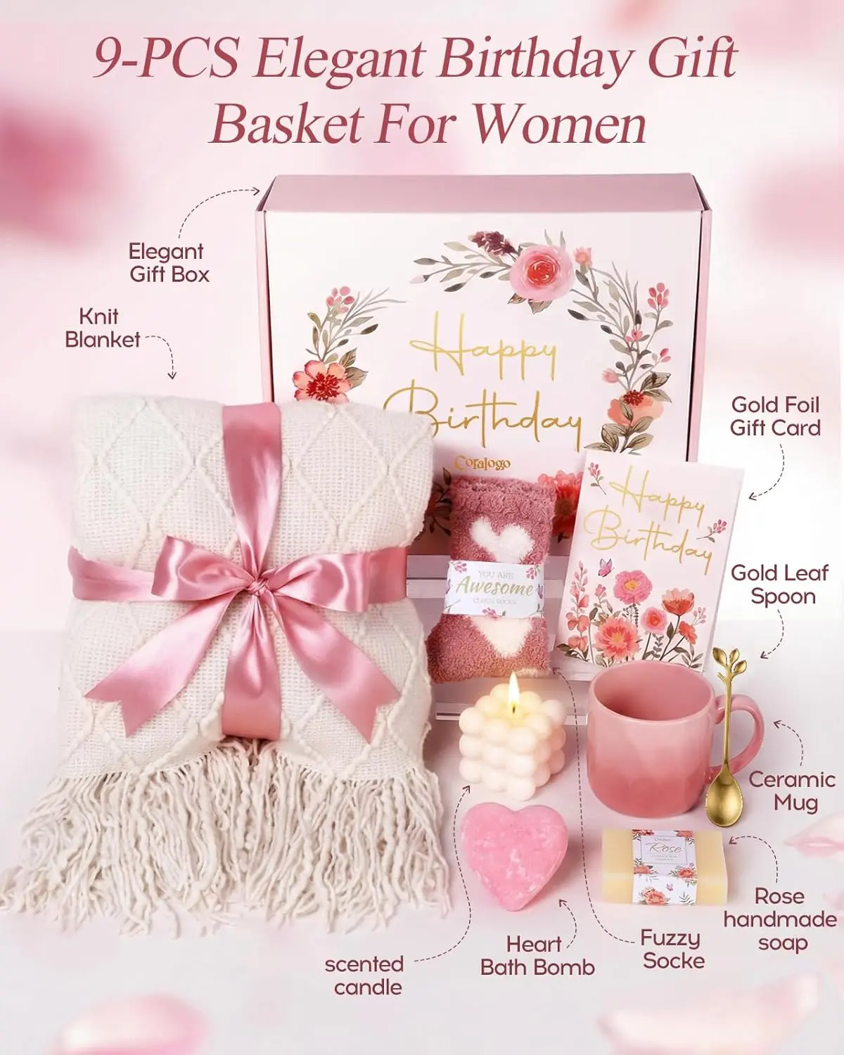 Rose Themed Birthday Gifts for Women - Pink Birthday Spa Gift Basket for Women Unique 9pcs Self Care Gift Basket with Plush Knit Blanket for Mom Wife Girlfriend Bestie Her