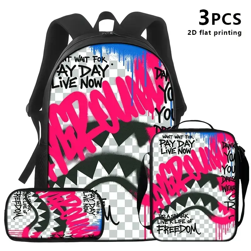 Graffiti Shark 3-Piece Backpack Set - Oxford Fabric Backpack, Street-Art-Style Lunch Bag, Adjustable Shoulder Strap Pencil Case, Back-to-School Essential for Teens