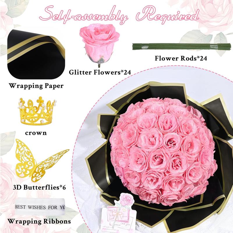 Pink Glitter Roses Bouquet, DIY Bouquet, Everlasting Shiny Artificial Rose Bouquet for Valentine's Day, Anniversary, Engagement, Wedding, 24 Roses Pink Glitter Roses Bouquet, DIY Bouquet, Everlasting Shiny Artificial Rose Bouquet for Valentine's Day, Anniversary, Engagement, Wedding, 24 Roses