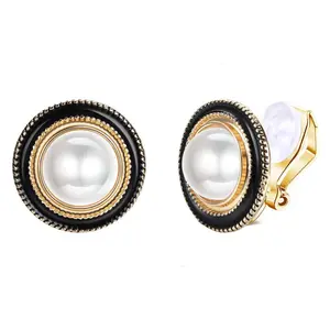 Black Enamel Surrounded Simulated Pearls Clip On Stud Earrings